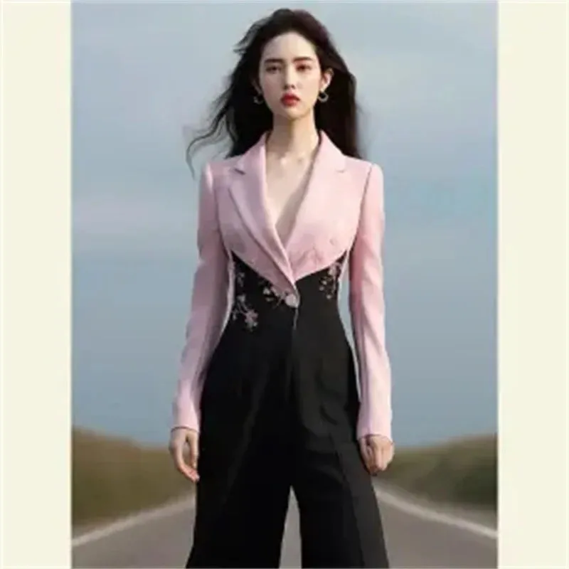 2024 Spring and Autumn New Exquisite Temperament Goddess Fan Advanced  Sense Fragrance Formal Occasions Contrast Color Jumpsuit