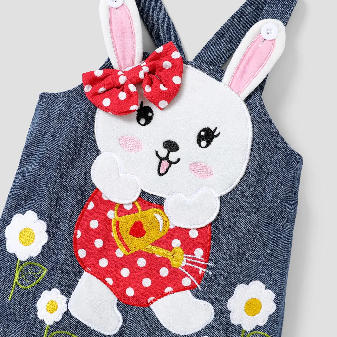 2pcs Baby Girl 100% Cotton Rabbit Graphic Denim Overalls Shorts and Solid Short-sleeve Tee Set