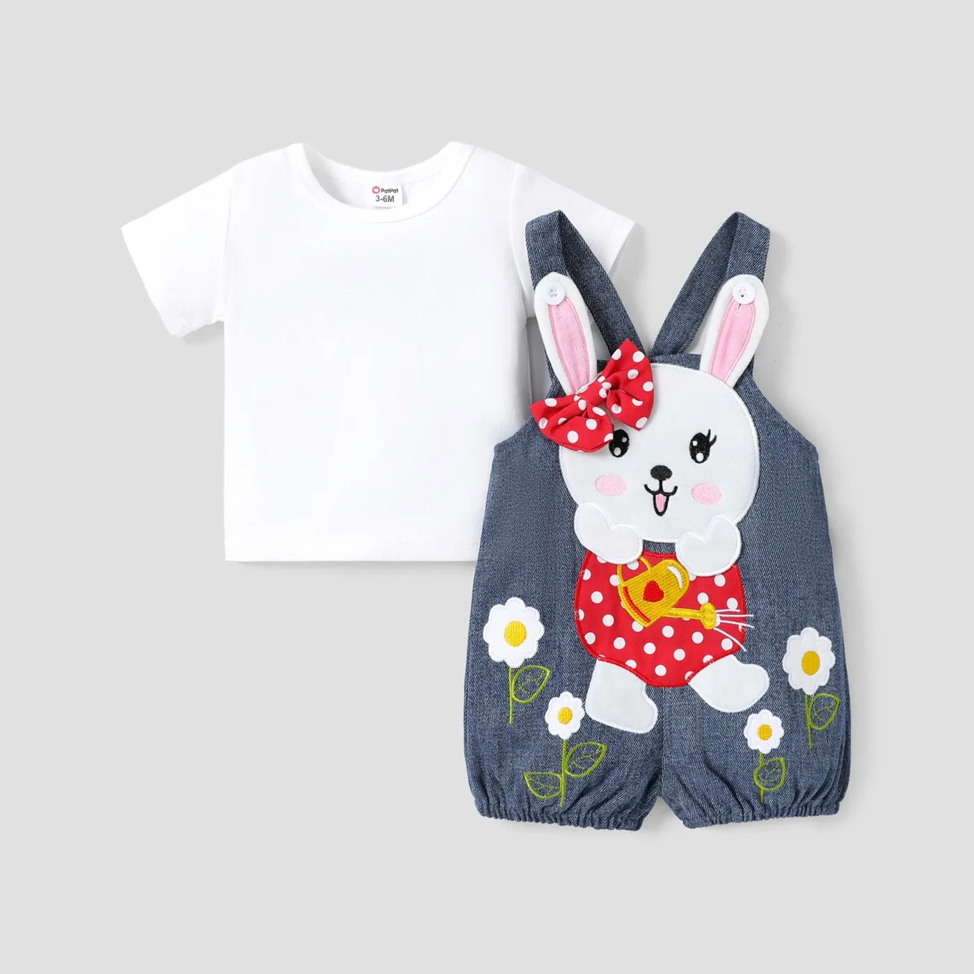 2pcs Baby Girl 100% Cotton Rabbit Graphic Denim Overalls Shorts and Solid Short-sleeve Tee Set