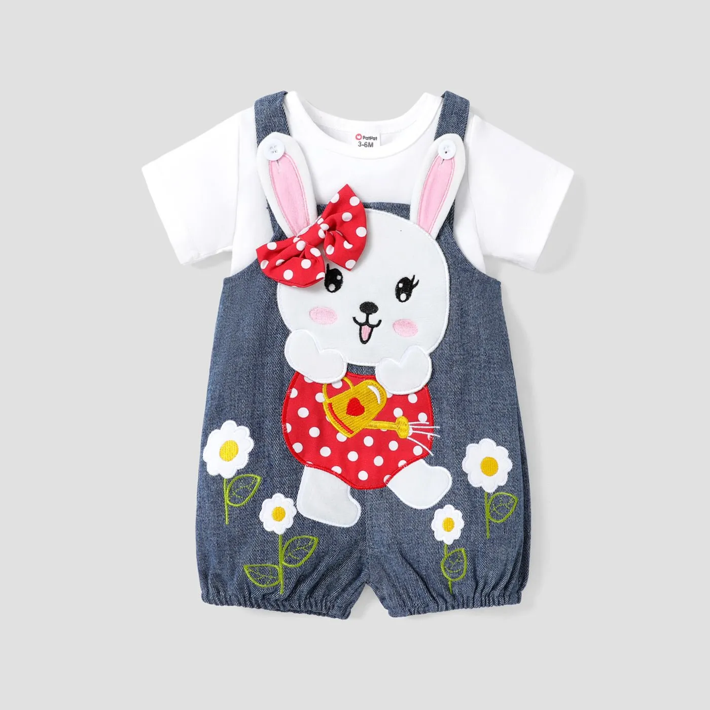 2pcs Baby Girl 100% Cotton Rabbit Graphic Denim Overalls Shorts and Solid Short-sleeve Tee Set