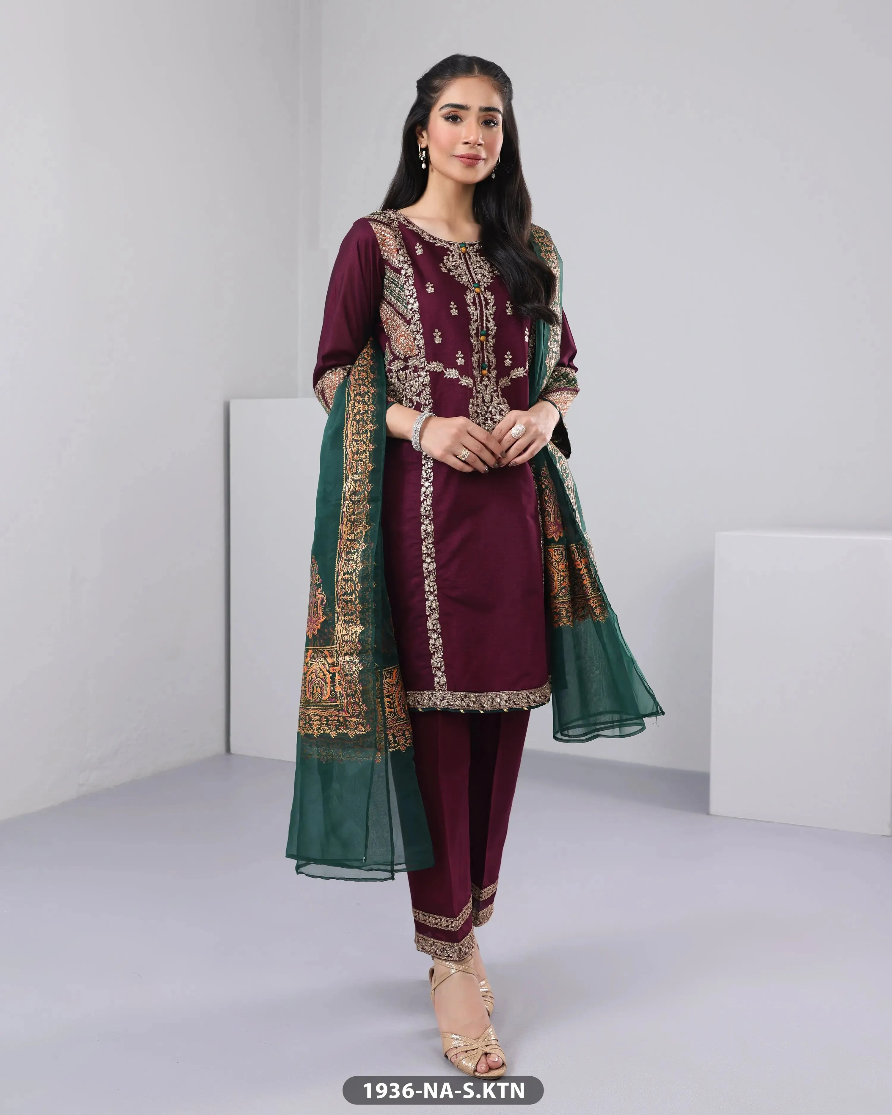 3 Piece Chambray Katan Embroidered| 1936-NA-S.KTN