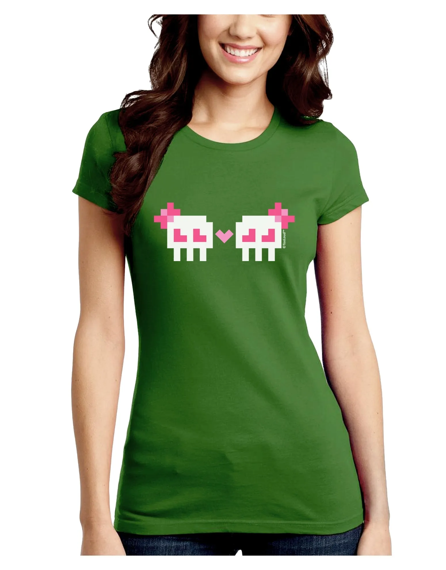 8-Bit Skull Love - Girl and Girl Juniors Crew Dark T-Shirt