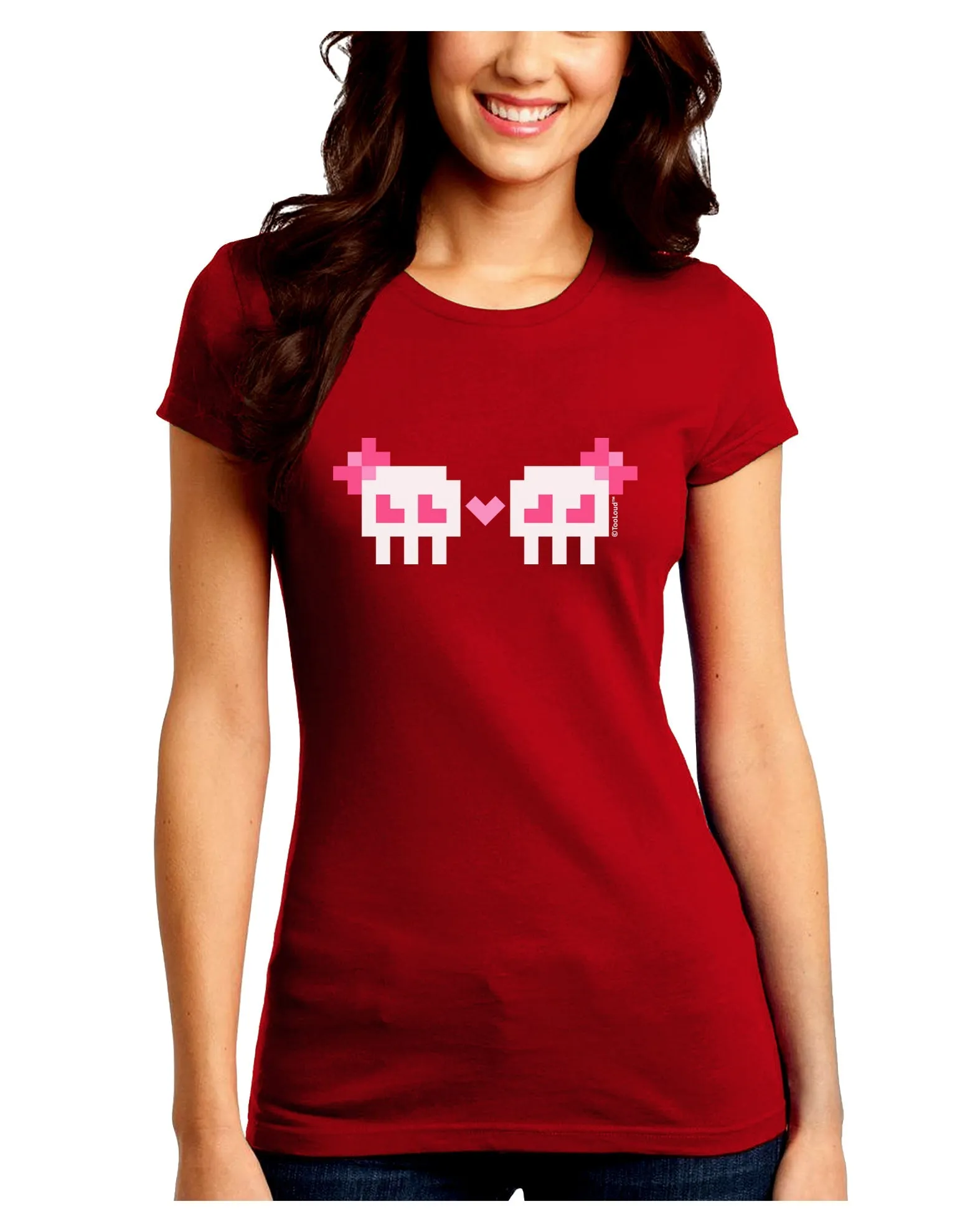 8-Bit Skull Love - Girl and Girl Juniors Crew Dark T-Shirt