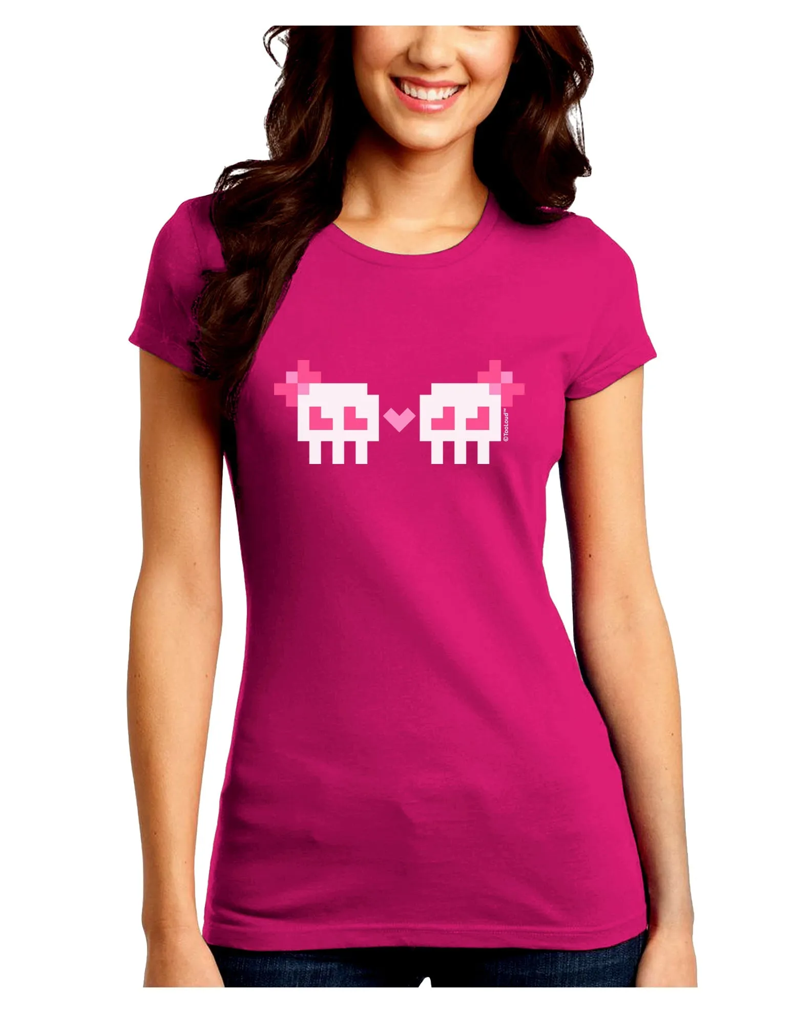 8-Bit Skull Love - Girl and Girl Juniors Crew Dark T-Shirt