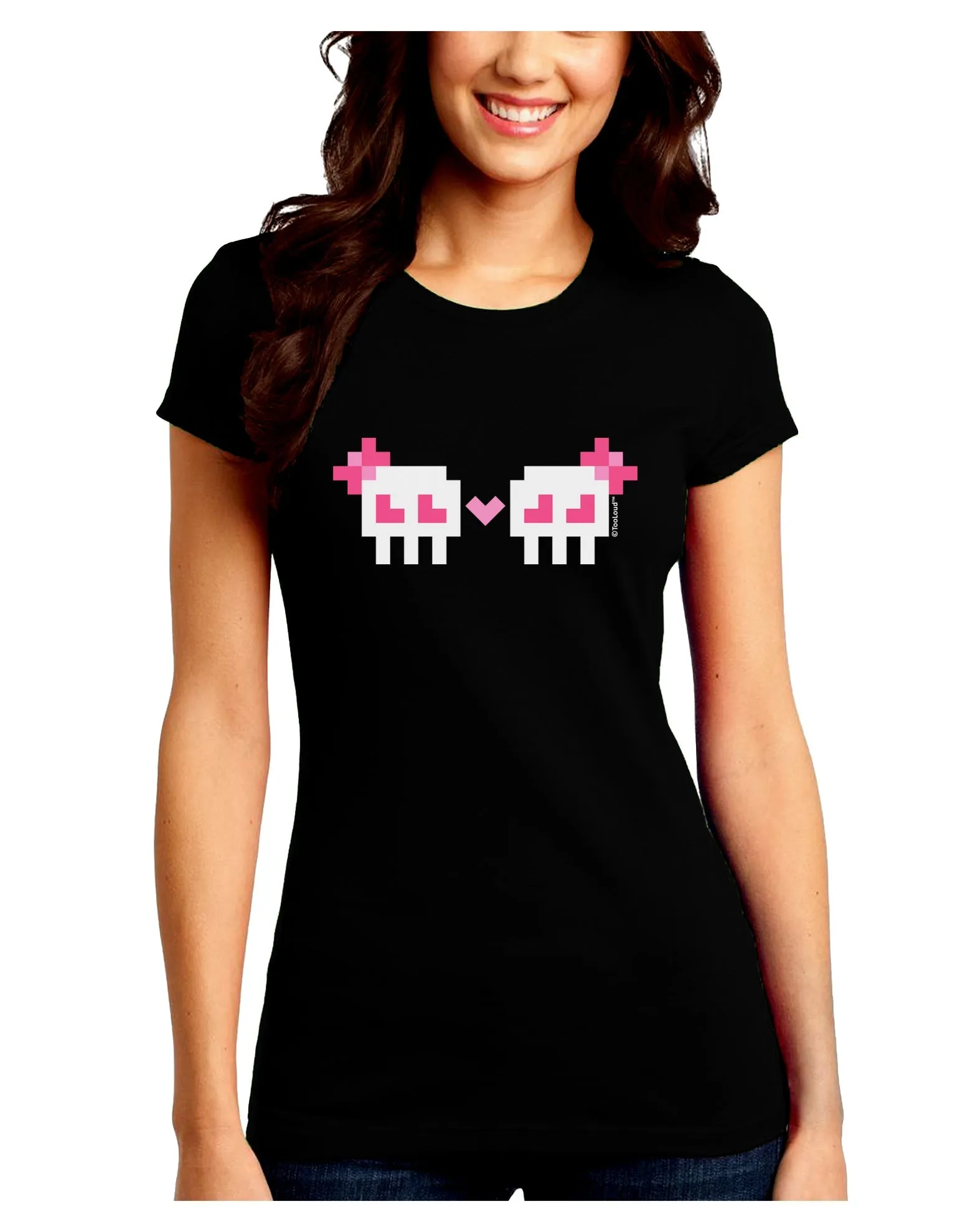 8-Bit Skull Love - Girl and Girl Juniors Crew Dark T-Shirt