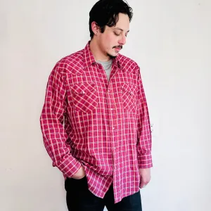 80'S VINTAGE RED PLAID WESTERN SHIRT // SIZE XL