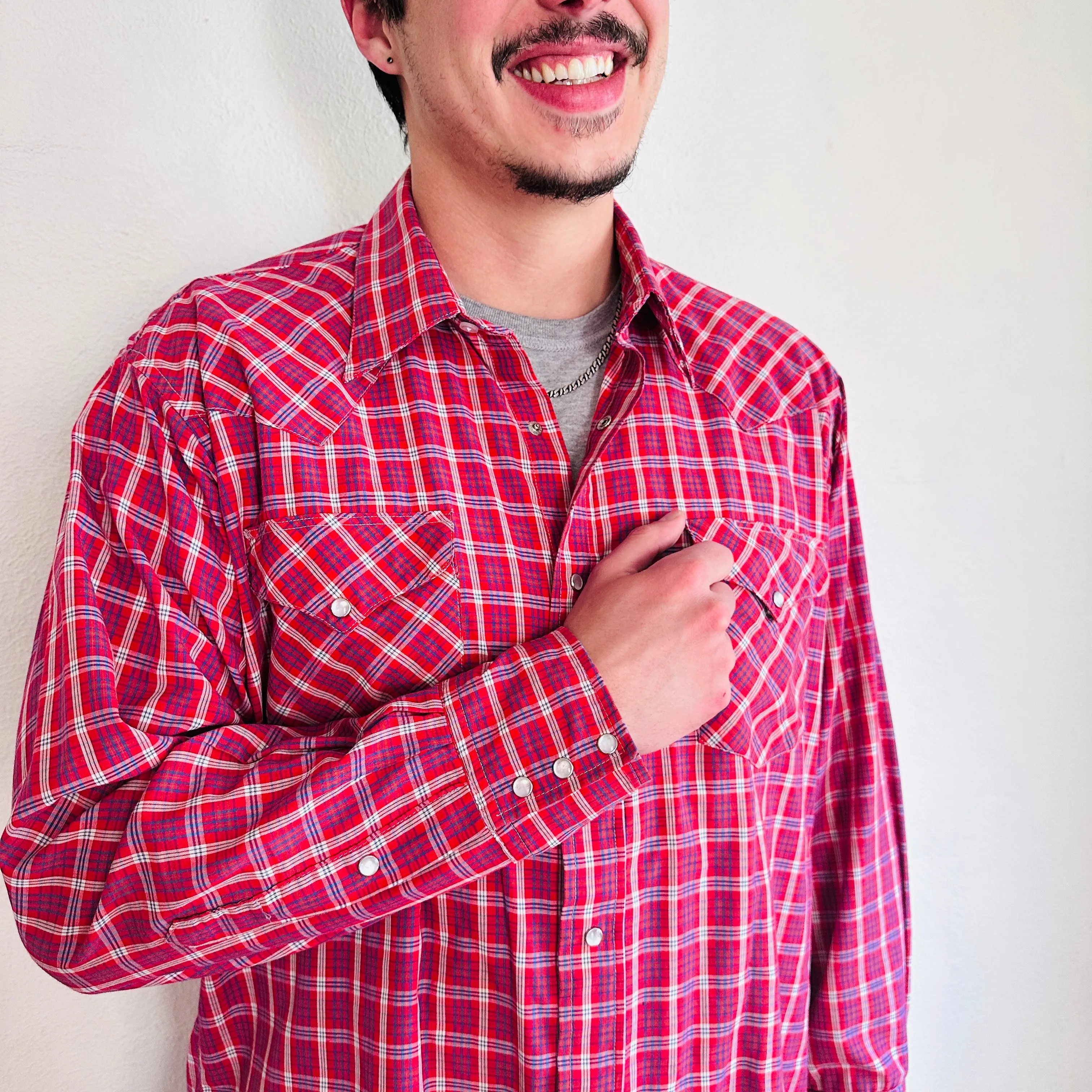 80'S VINTAGE RED PLAID WESTERN SHIRT // SIZE XL