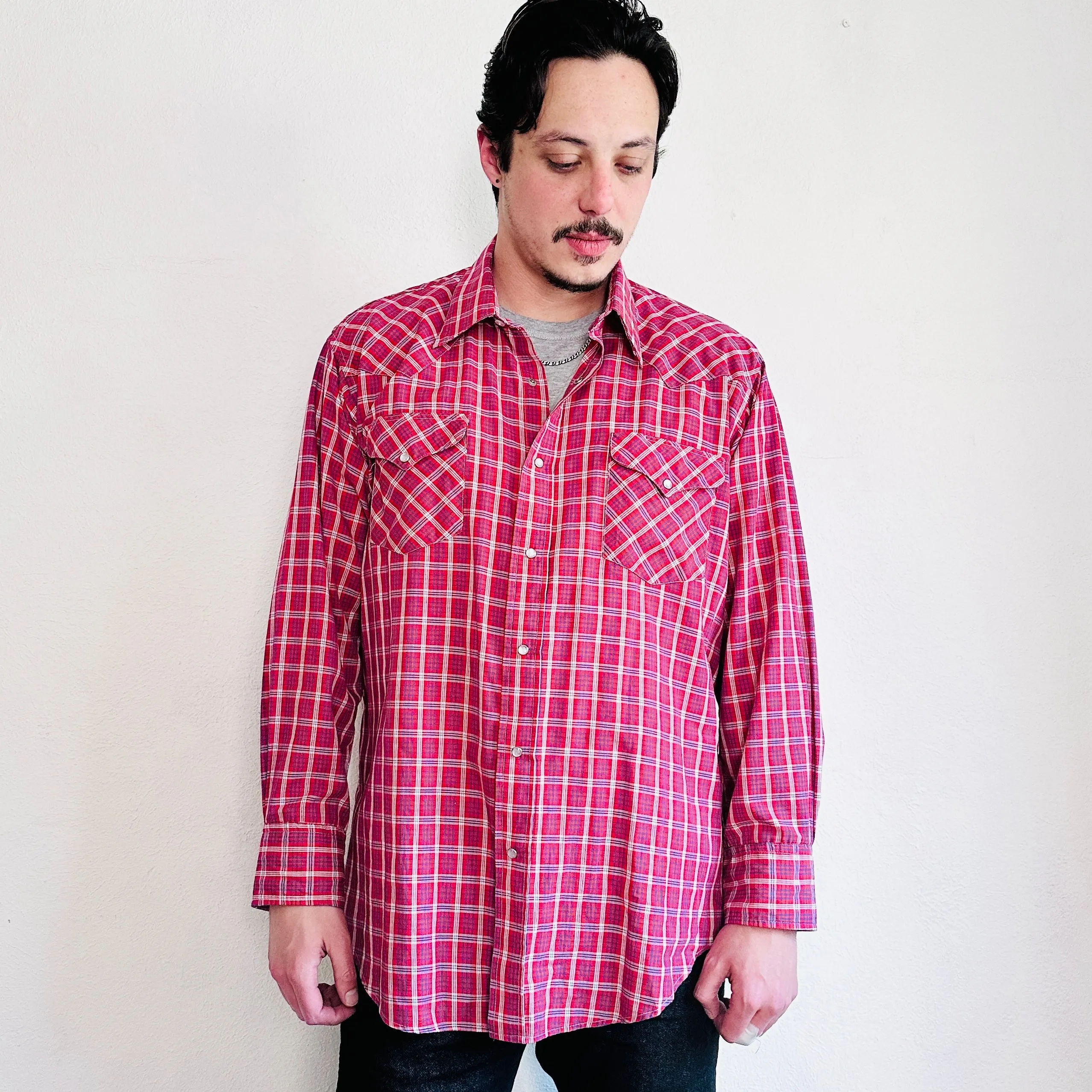 80'S VINTAGE RED PLAID WESTERN SHIRT // SIZE XL