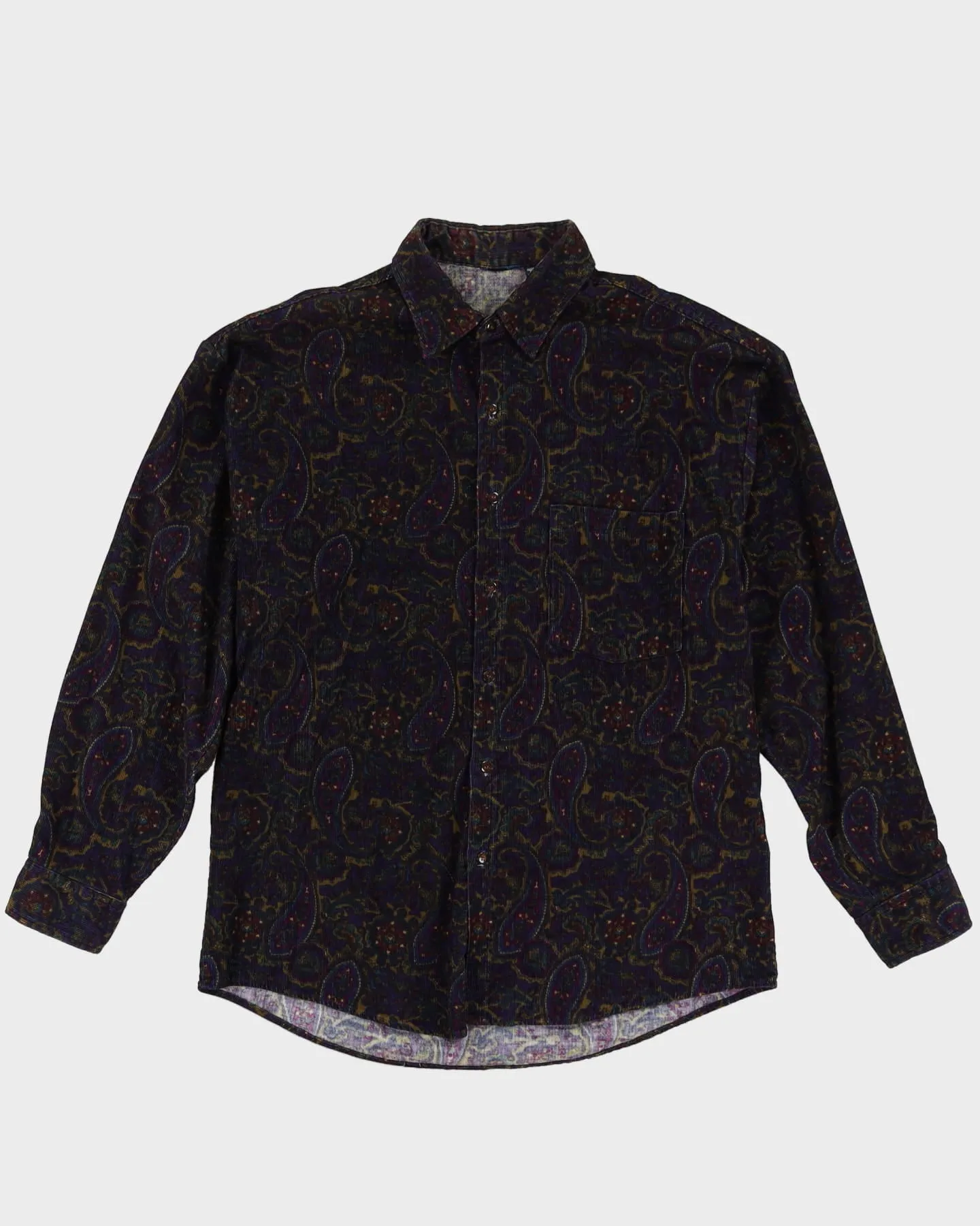 90s Purple Paisley Patterned Cord / Corduroy Button Up Long-Sleeve Shirt - M