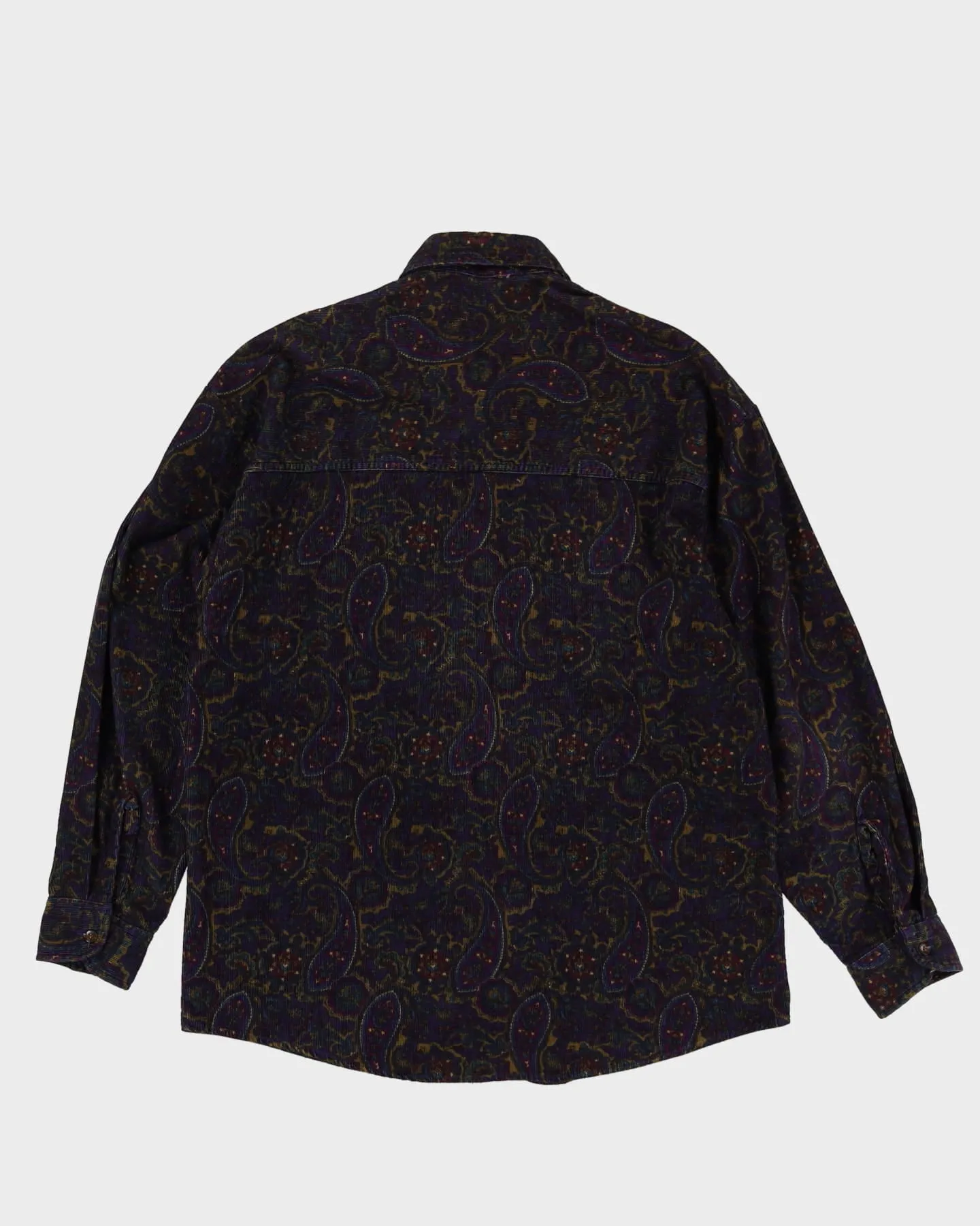 90s Purple Paisley Patterned Cord / Corduroy Button Up Long-Sleeve Shirt - M