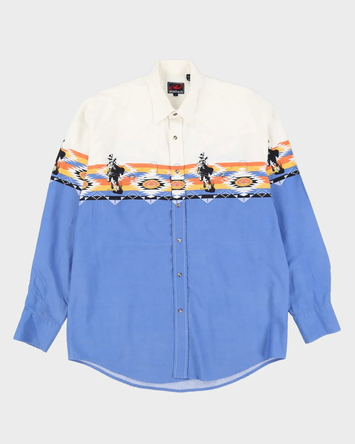 90s Roper Blue / White Cowboy Patterned Western Style Shirt - L