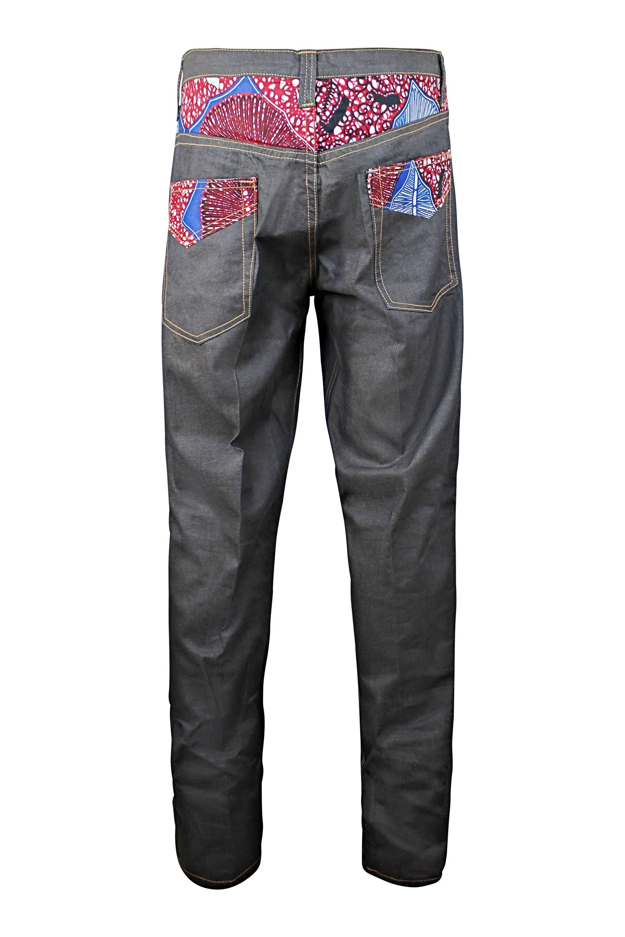 Adi African Print Denim Jeans Men's Destroy Pants (Dark Grey/ Red)