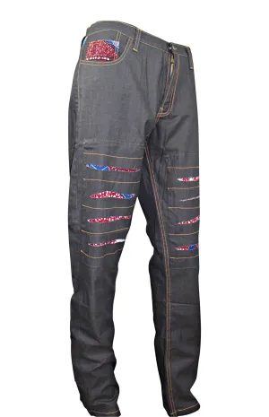 Adi African Print Denim Jeans Men's Destroy Pants (Dark Grey/ Red)