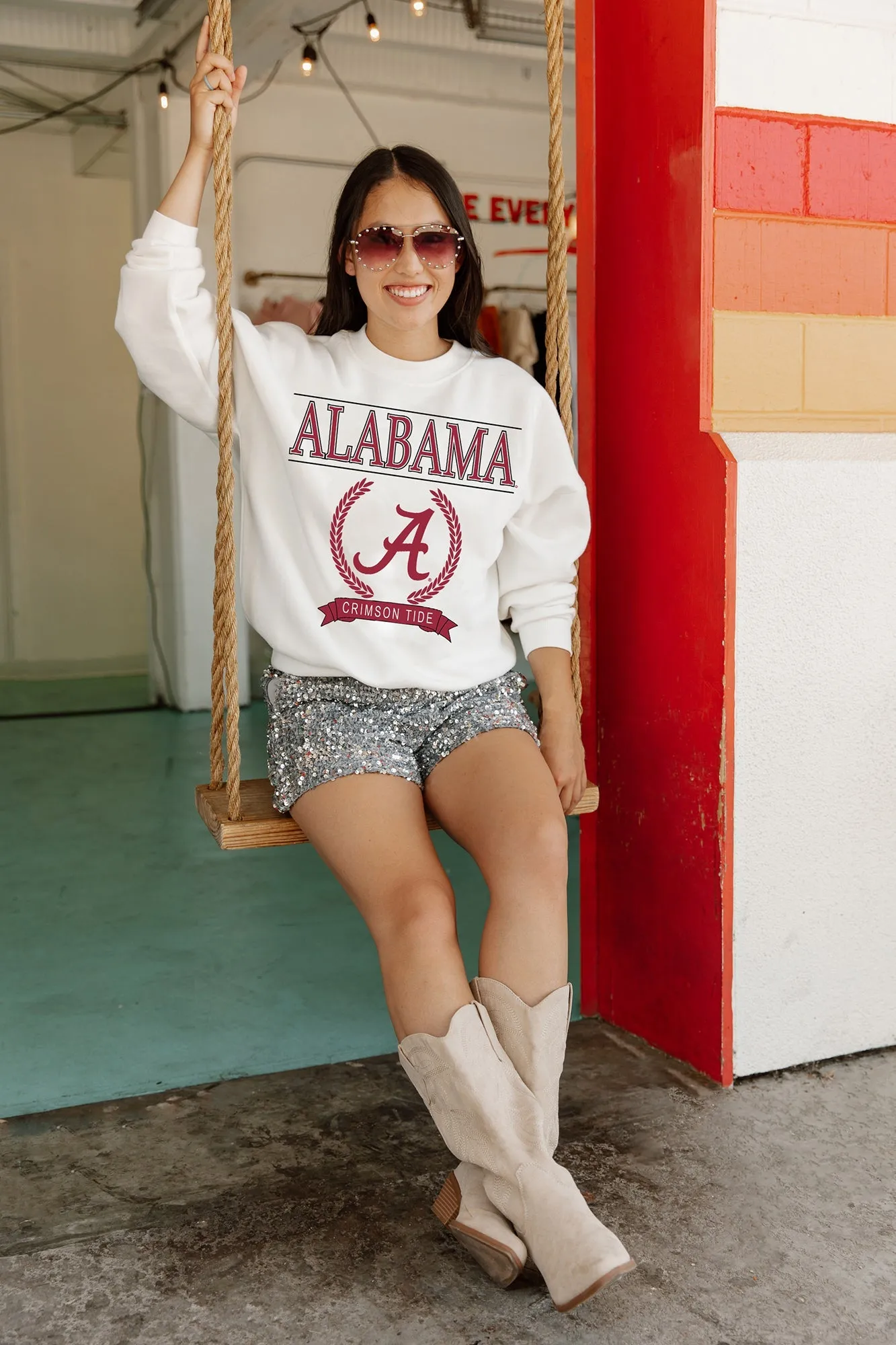 ALABAMA CRIMSON TIDE HAVING A BALL PREMIUM FLEECE DROP SHOULDER CREWNECK PULLOVER BY MADI PREWETT TROUTT