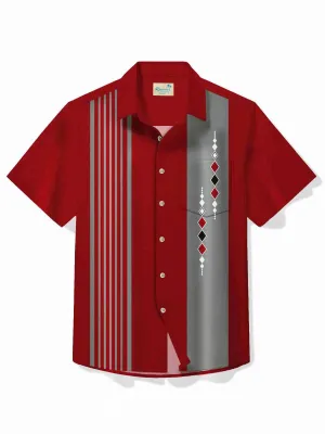 Alohadaddy 50's Retro Medieval Geometric Men's Bowling Shirt Artistic Stretch Pocket Camp Shirt Big Tall