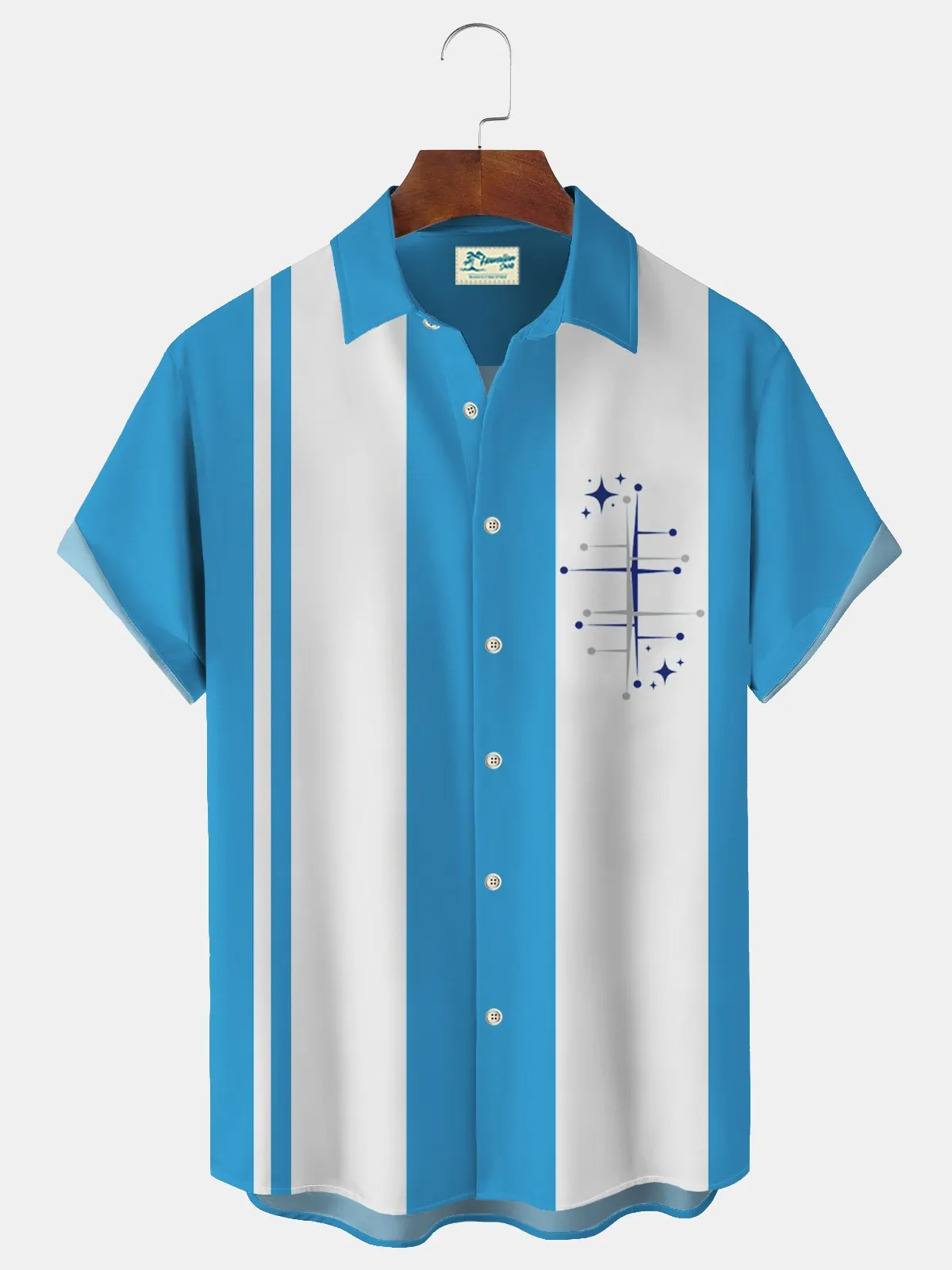 Alohadaddy 50's Retro Mid-Century Blue Geometric Men's Casual Shirts Stretch Oversized Aloha Button Camp Pocket Shirts