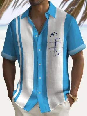 Alohadaddy 50's Retro Mid-Century Blue Geometric Men's Casual Shirts Stretch Oversized Aloha Button Camp Pocket Shirts