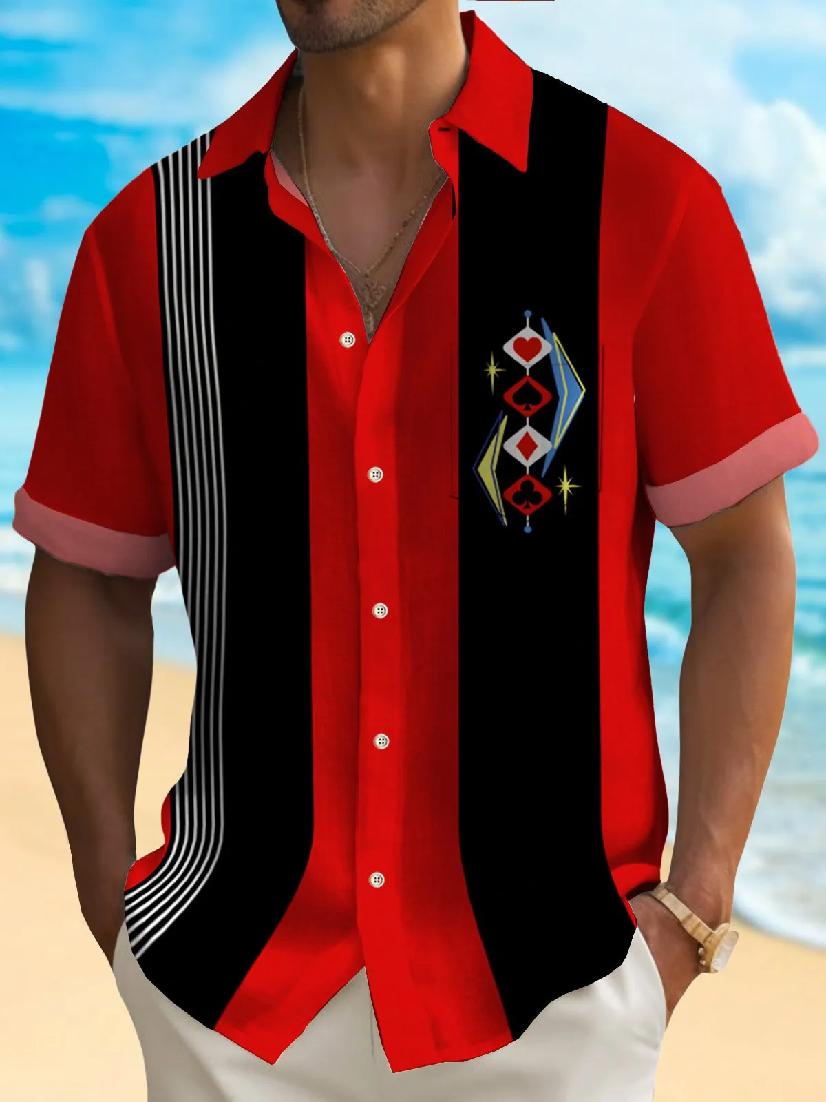 Alohadaddy 50's Vintage Bowling Shirt Medieval Geometry Playing Cards Camp Pocket Shirt Big Tall