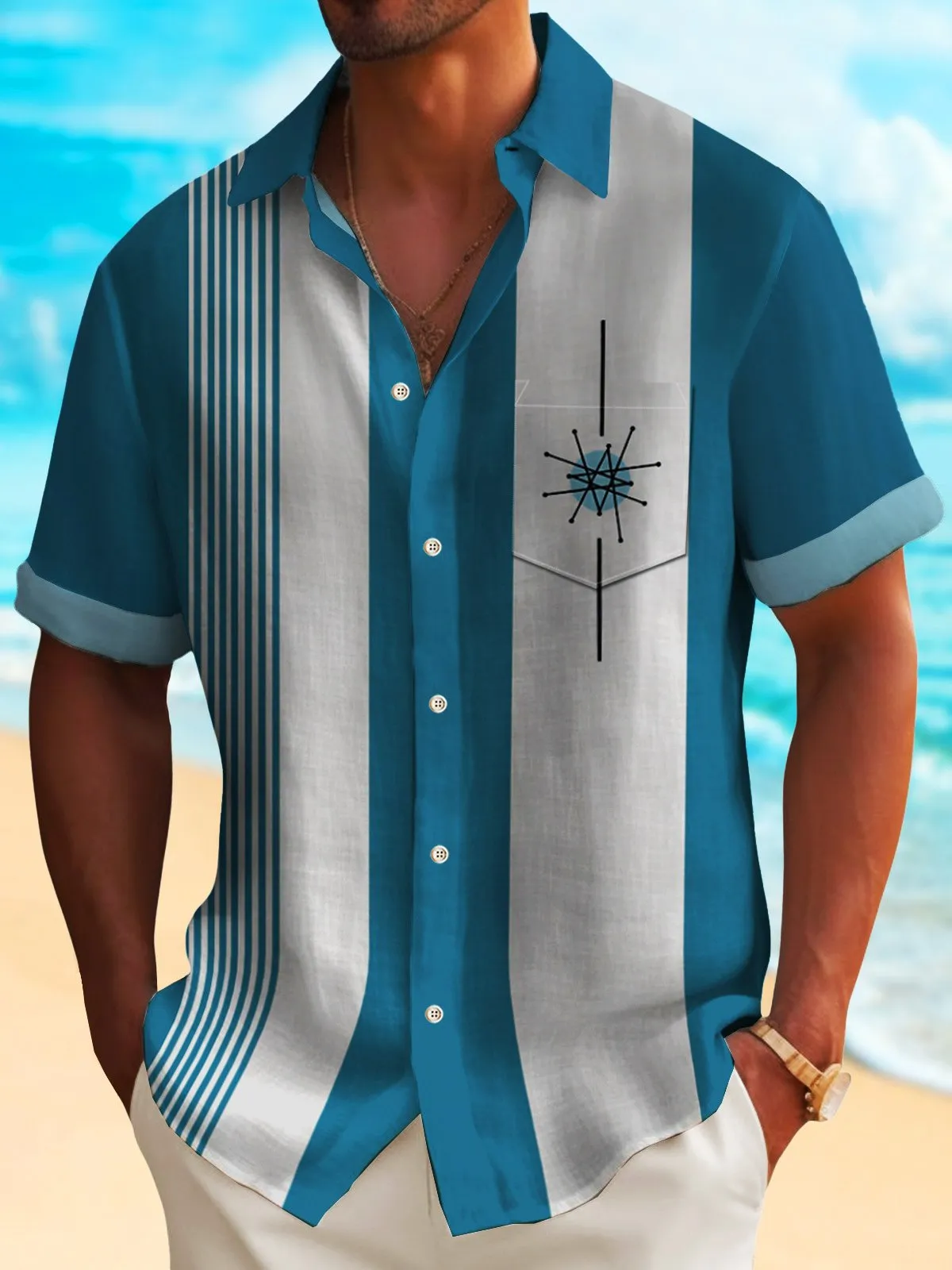 Alohadaddy 50's Vintage Bowling Shirt Medieval Geometry Stretch Quick Dry Camp Pocket Shirt Big Tall