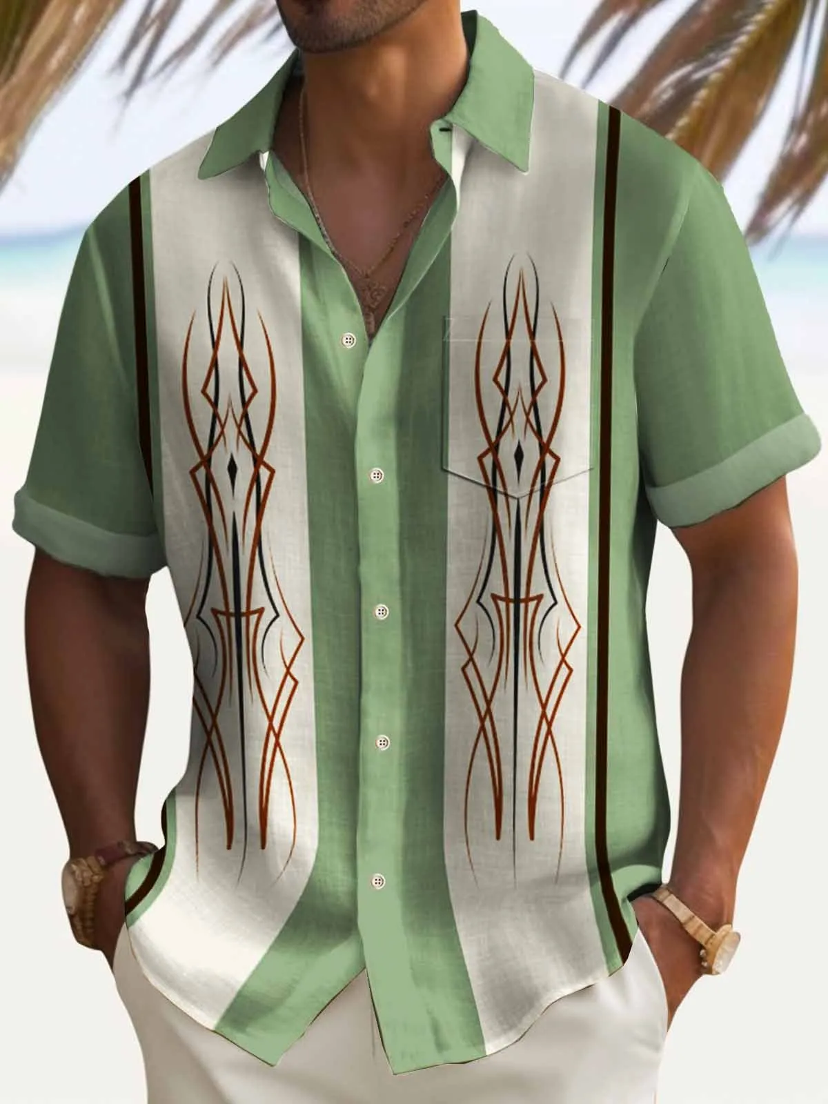 Alohadaddy 50's Vintage Pinstripe Car Men's Bowling Shirt Art Stretch Pocket Camp Shirt Big Tall