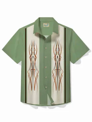 Alohadaddy 50's Vintage Pinstripe Car Men's Bowling Shirt Art Stretch Pocket Camp Shirt Big Tall