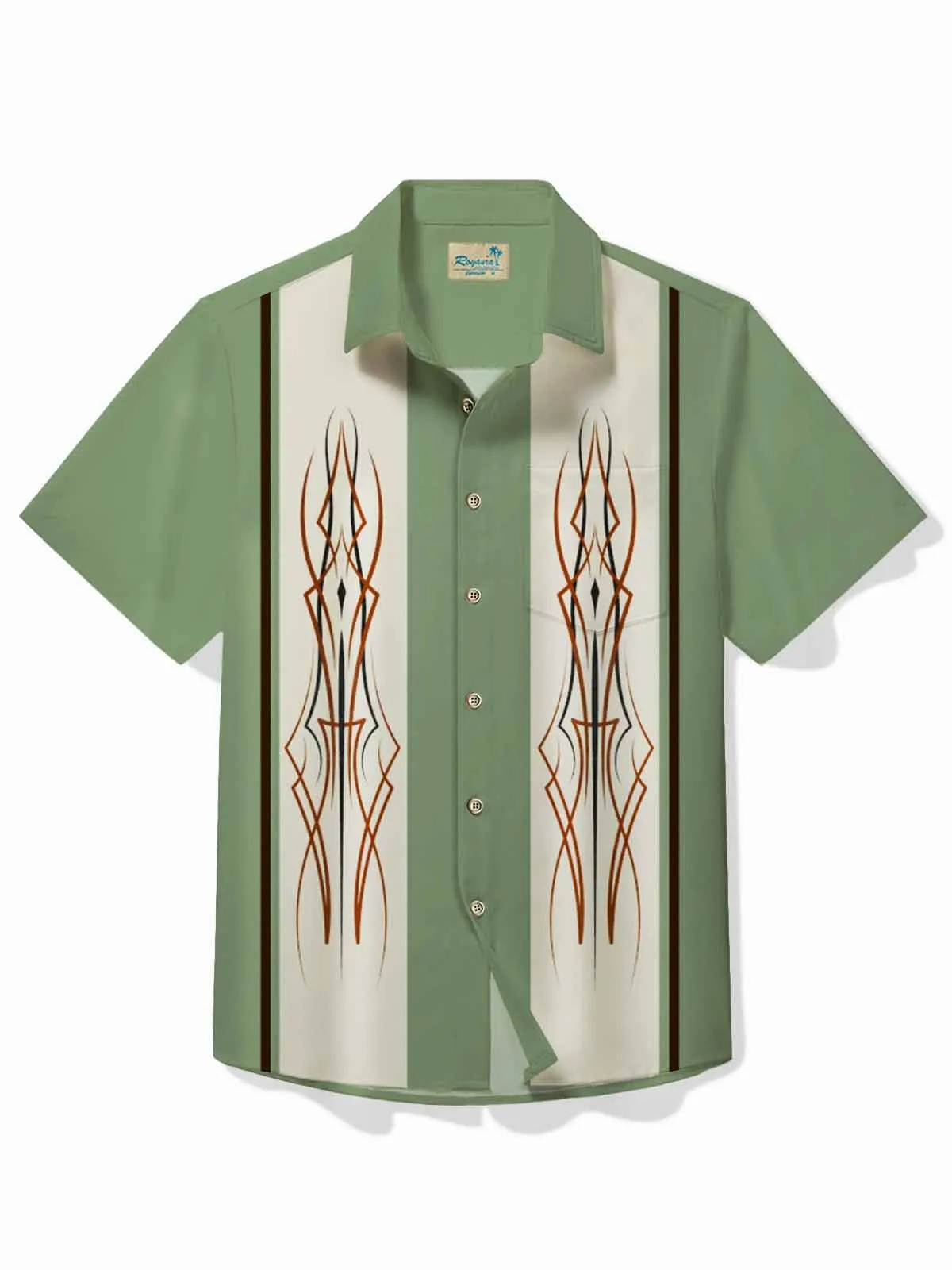 Alohadaddy 50's Vintage Pinstripe Car Men's Bowling Shirt Art Stretch Pocket Camp Shirt Big Tall
