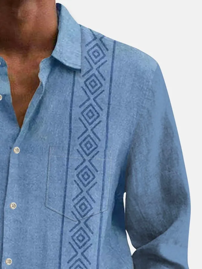 Alohadaddy 60's Vintage Men's Guayabera Print Button Down Long Sleeve Shirt Big Tall