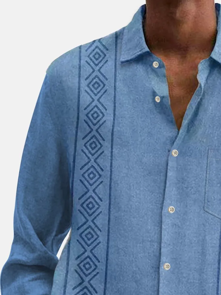 Alohadaddy 60's Vintage Men's Guayabera Print Button Down Long Sleeve Shirt Big Tall