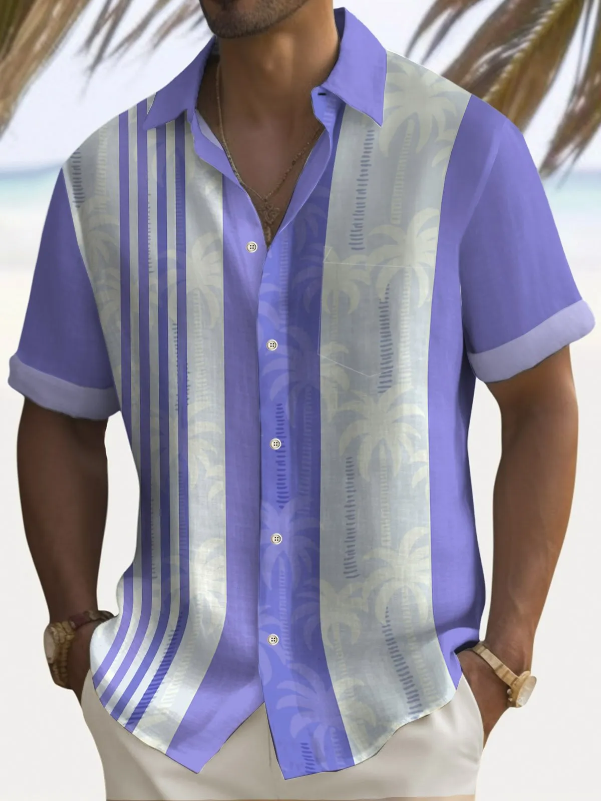 Alohadaddy Beach Holiday Men's Purple Hawaiian Shirts Coconut Tree Art Stripe Stretch Vintage Bowling Camp Shirts