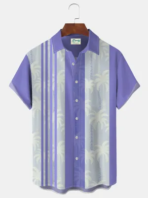 Alohadaddy Beach Holiday Men's Purple Hawaiian Shirts Coconut Tree Art Stripe Stretch Vintage Bowling Camp Shirts