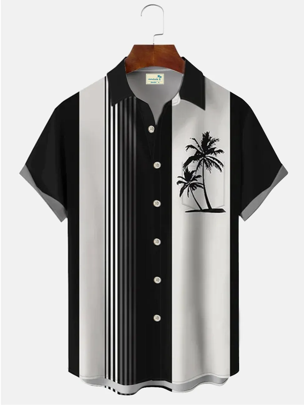 Alohadaddy Black Coconut Tree Cotton-Blend Bowling Casual Shirts