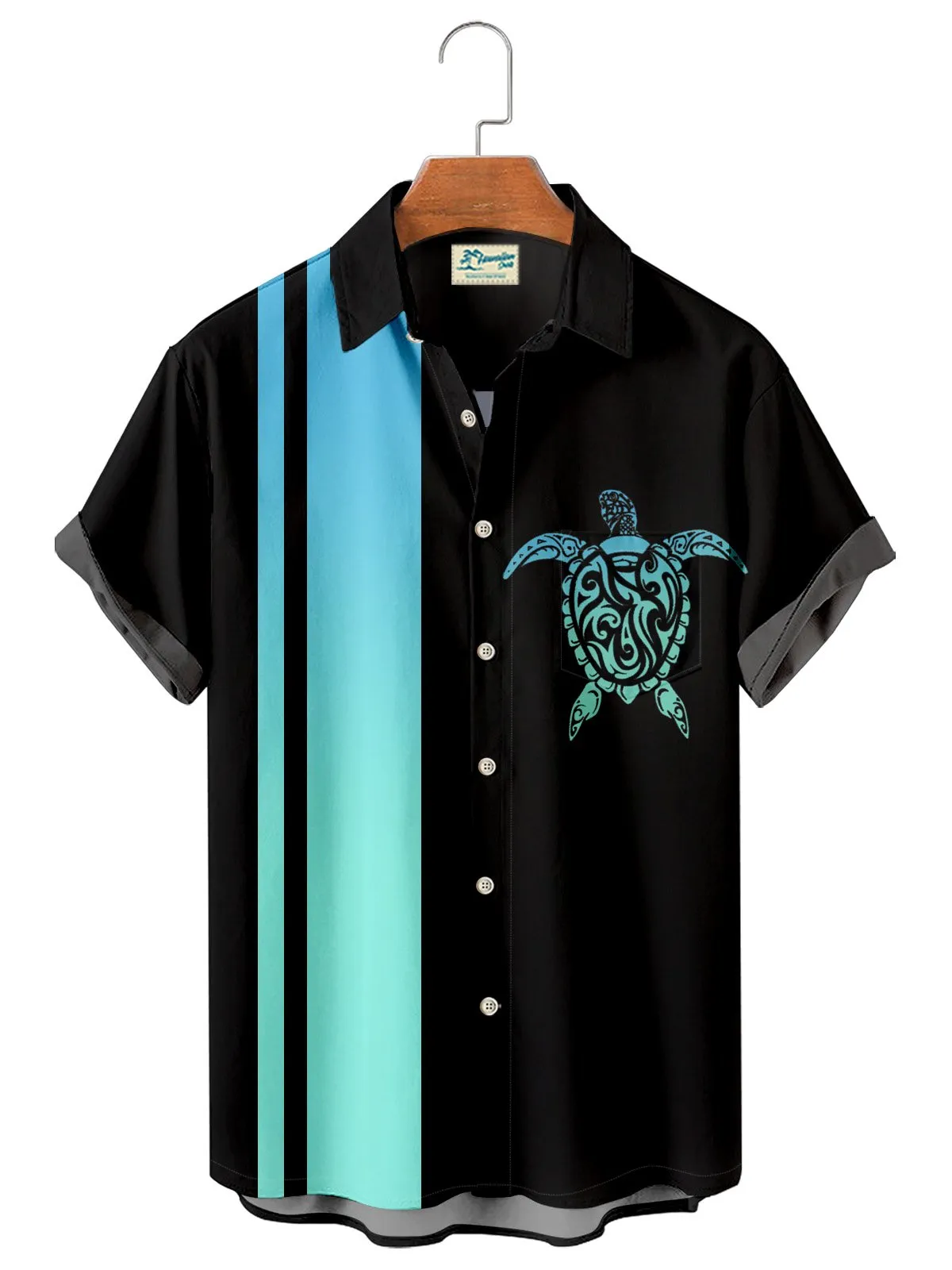 Alohadaddy Black Vintage Bowling Turtle Print Chest Bag Bowling Shirt Plus Size Panel Shirt