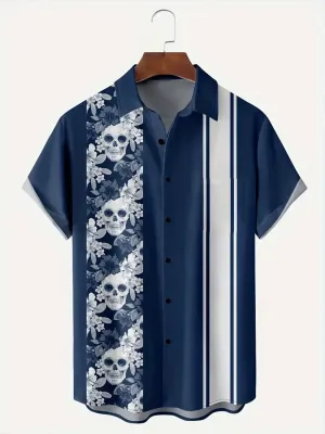 Alohadaddy Deep Blue Skull Pattren Casual Cotton-Blend Bowling Plus Size Shirts