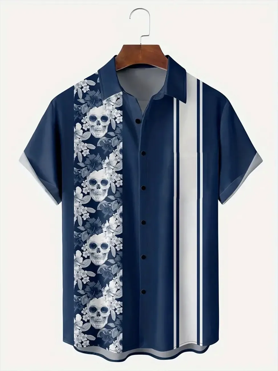 Alohadaddy Deep Blue Skull Pattren Casual Cotton-Blend Bowling Plus Size Shirts
