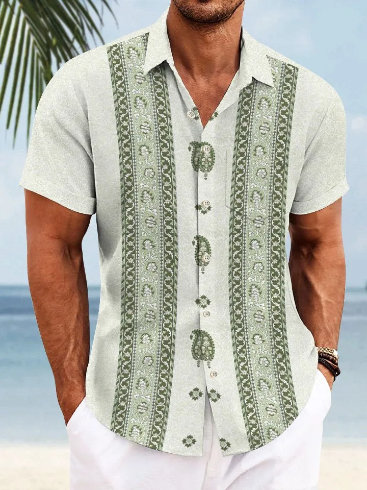 Alohadaddy Flower Ethnic Style Men Pocket Button 50S Bowling Commuter Casual Short Sleeve Shirt