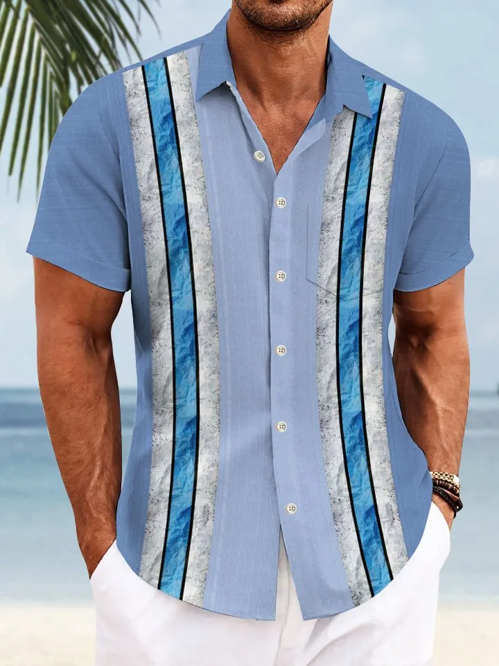 Alohadaddy Geometric 3D Stereo Stripes Men Pocket Button Casual 50S Bowling Commuter Short Sleeve Shirt