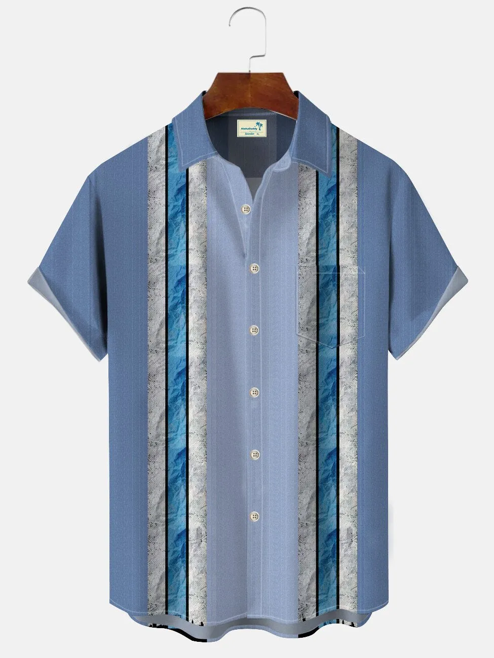 Alohadaddy Geometric 3D Stereo Stripes Men Pocket Button Casual 50S Bowling Commuter Short Sleeve Shirt