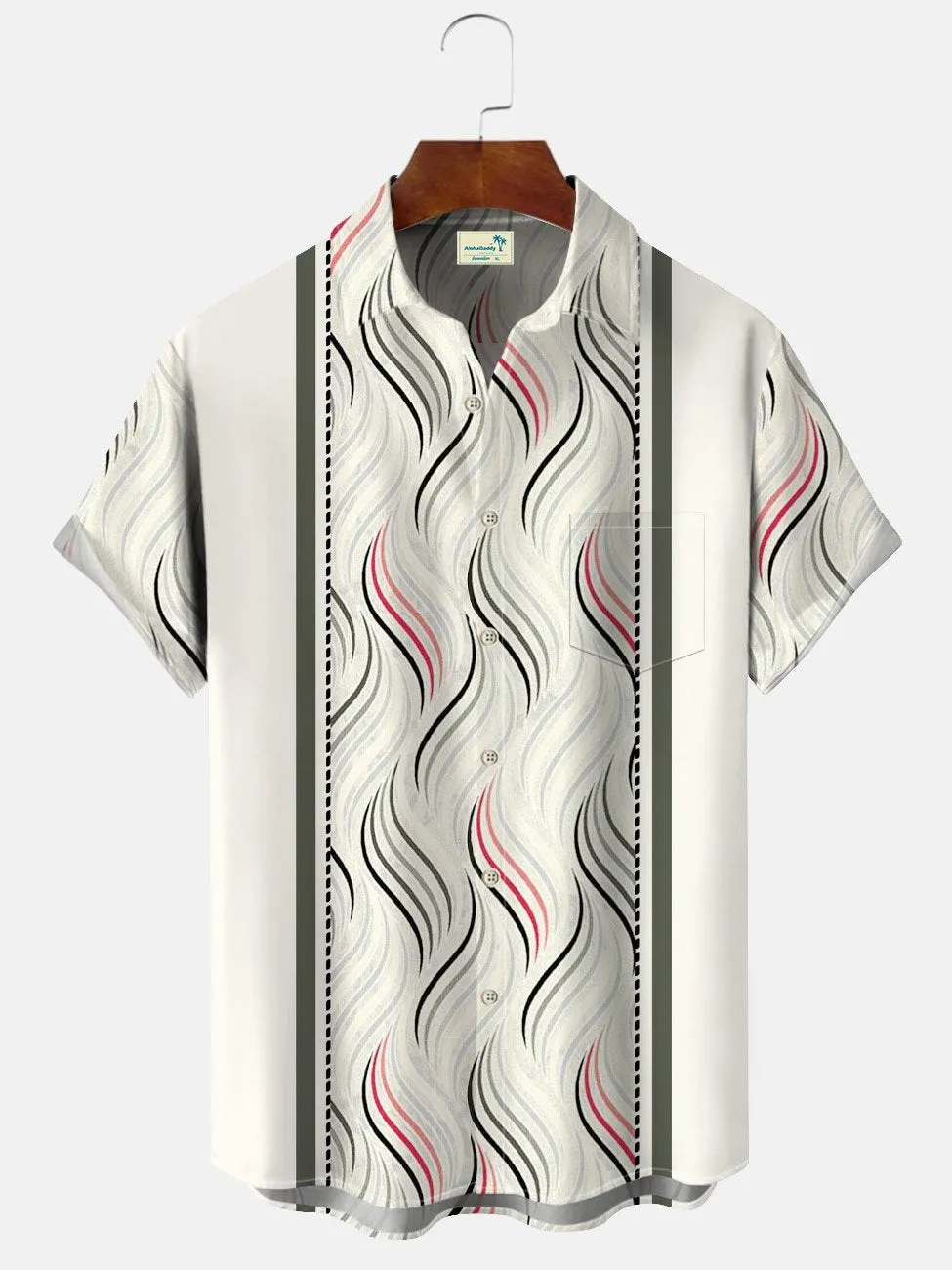 Alohadaddy Geometric Curve Stripes Men Pocket Button Casual 50S Bowling Commuter Short Sleeve Shirt