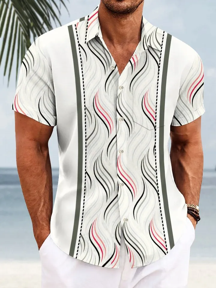 Alohadaddy Geometric Curve Stripes Men Pocket Button Casual 50S Bowling Commuter Short Sleeve Shirt