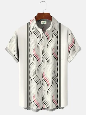 Alohadaddy Geometric Curve Stripes Men Pocket Button Casual 50S Bowling Commuter Short Sleeve Shirt