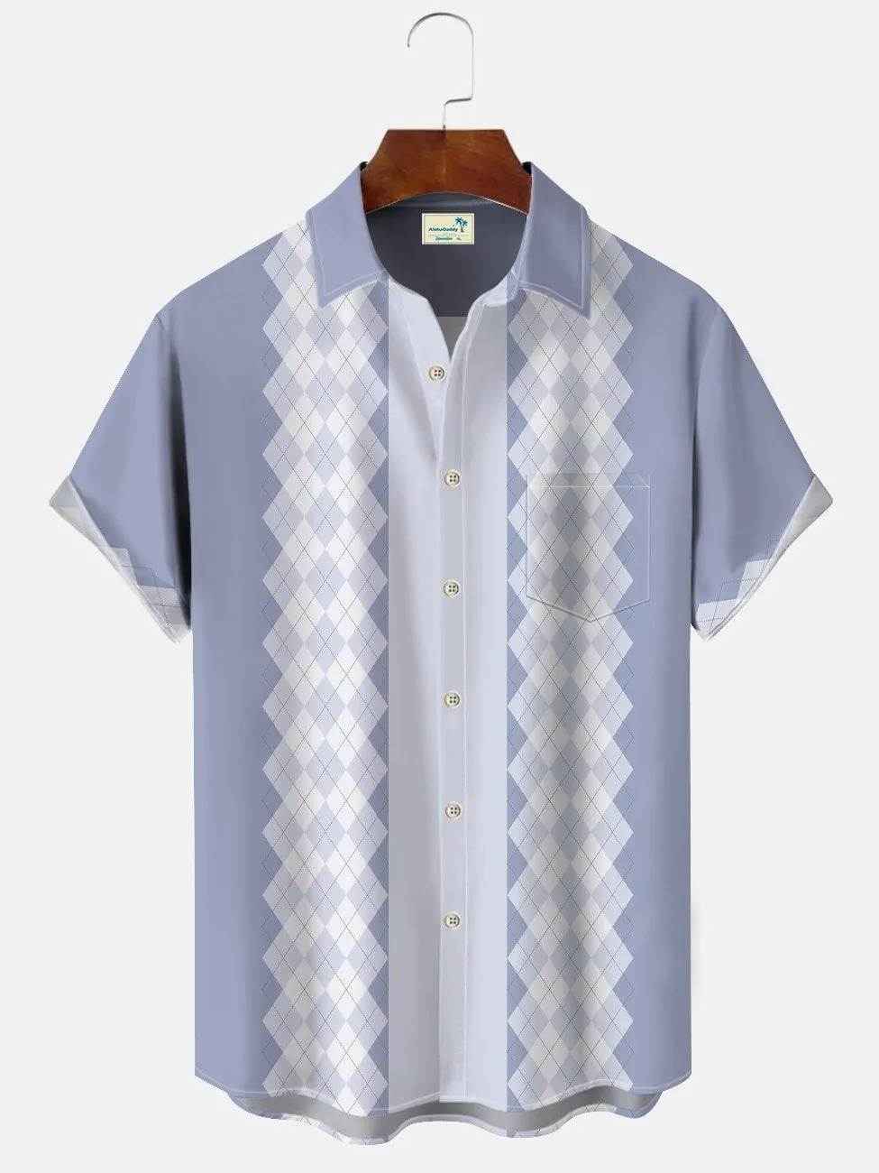 Alohadaddy Geometric Diamond Pattern Pocket Button Casual 50S Bowling Commuter Short Sleeve Shirt