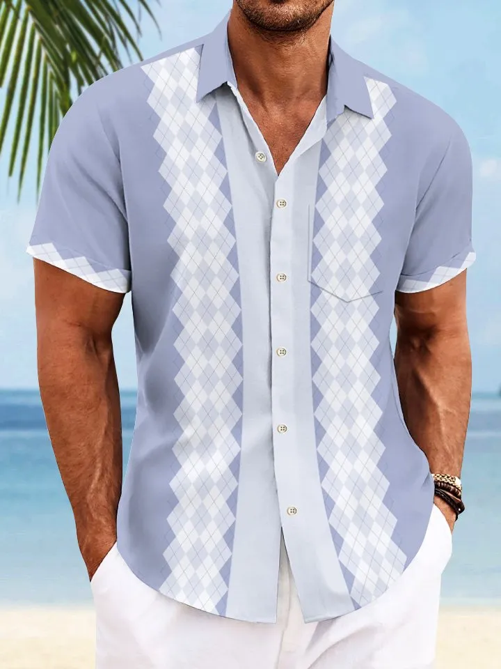 Alohadaddy Geometric Diamond Pattern Pocket Button Casual 50S Bowling Commuter Short Sleeve Shirt