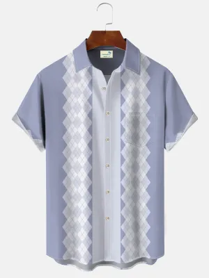 Alohadaddy Geometric Diamond Pattern Pocket Button Casual 50S Bowling Commuter Short Sleeve Shirt