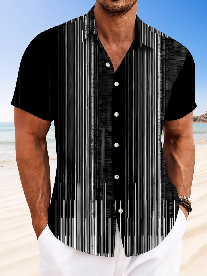 Alohadaddy Geometric Stripe Button Pocket Casual Short Sleeve Shirt