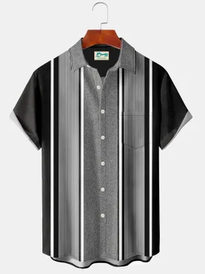 Alohadaddy Geometric Stripe Chest Pocket Short Sleeve Bowling Shirt