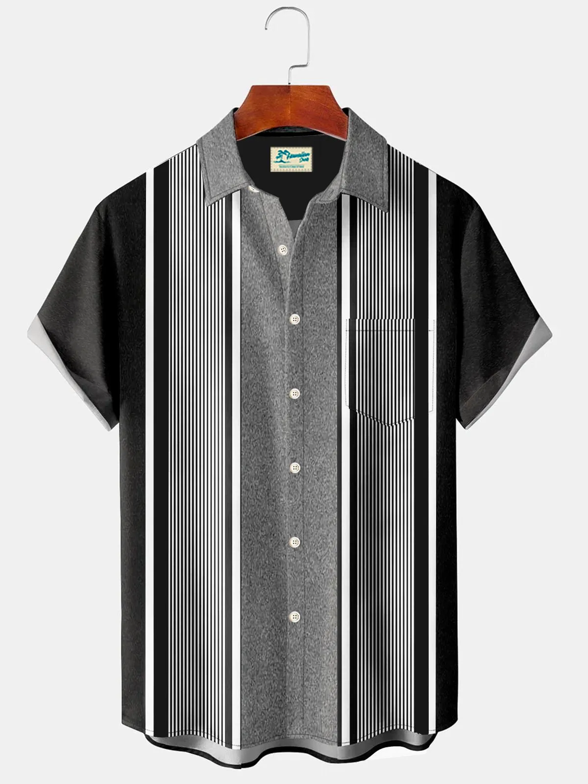Alohadaddy Geometric Stripe Chest Pocket Short Sleeve Bowling Shirt
