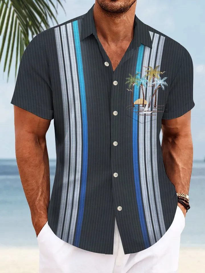 Alohadaddy Geometric Stripes Coconut Tree Men Button Pocket 50S Bowling Commuter Casual Short Sleeve Shirt