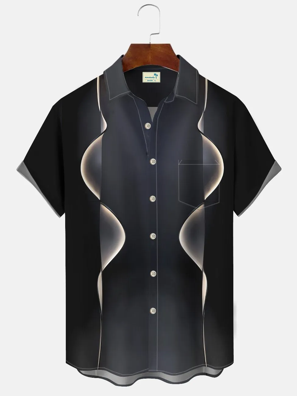 Alohadaddy Geometric Stripes Curve Button Pocket Casual 50S Bowling Commuter Short Sleeve Shirt