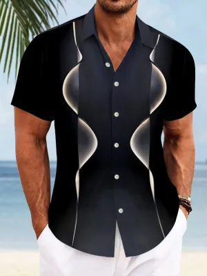 Alohadaddy Geometric Stripes Curve Button Pocket Casual 50S Bowling Commuter Short Sleeve Shirt