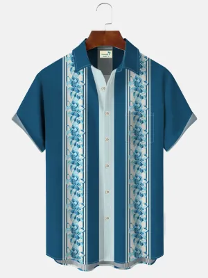Alohadaddy Geometric Stripes Retro Flowers Men Pocket Button Casual 50S Bowling Commuter Short Sleeve Shirt